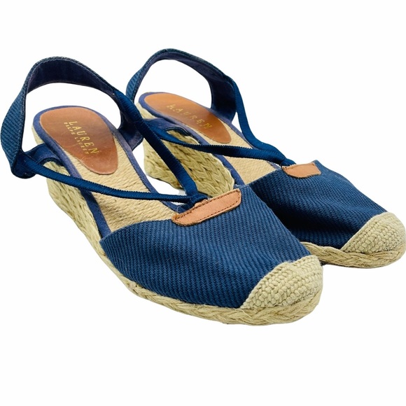 Lauren Ralph Womens 9.5B Espadrille Wedge Navy Blue Sandal Close Toe Sling Back - Picture 1 of 9